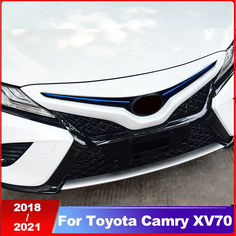 Stainless Steel Car Front Grille Grill Logo Emblem Trim Strips Cover Stickers For Toyota Camry XV70 2018-2019 2021 Accessories