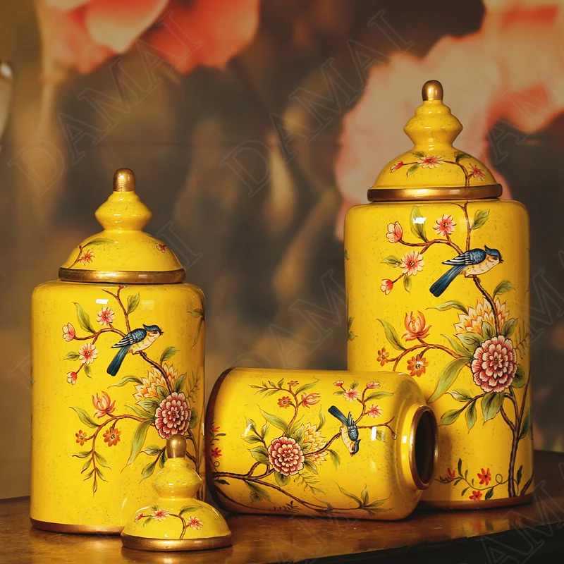 Farmhouse Style Ceramic Storage Jar Painted Jewelry Organizer Flowers and Birds Cosmetic Container Home Decoration Ornaments