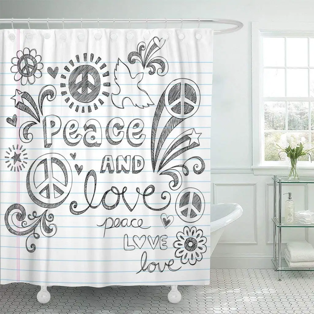 Peace Sign Dove and Love Sketchy Doodles on Lined Shower Curtain Waterproof Polyester Fabric 60 x 72 Inches Set with Hooks