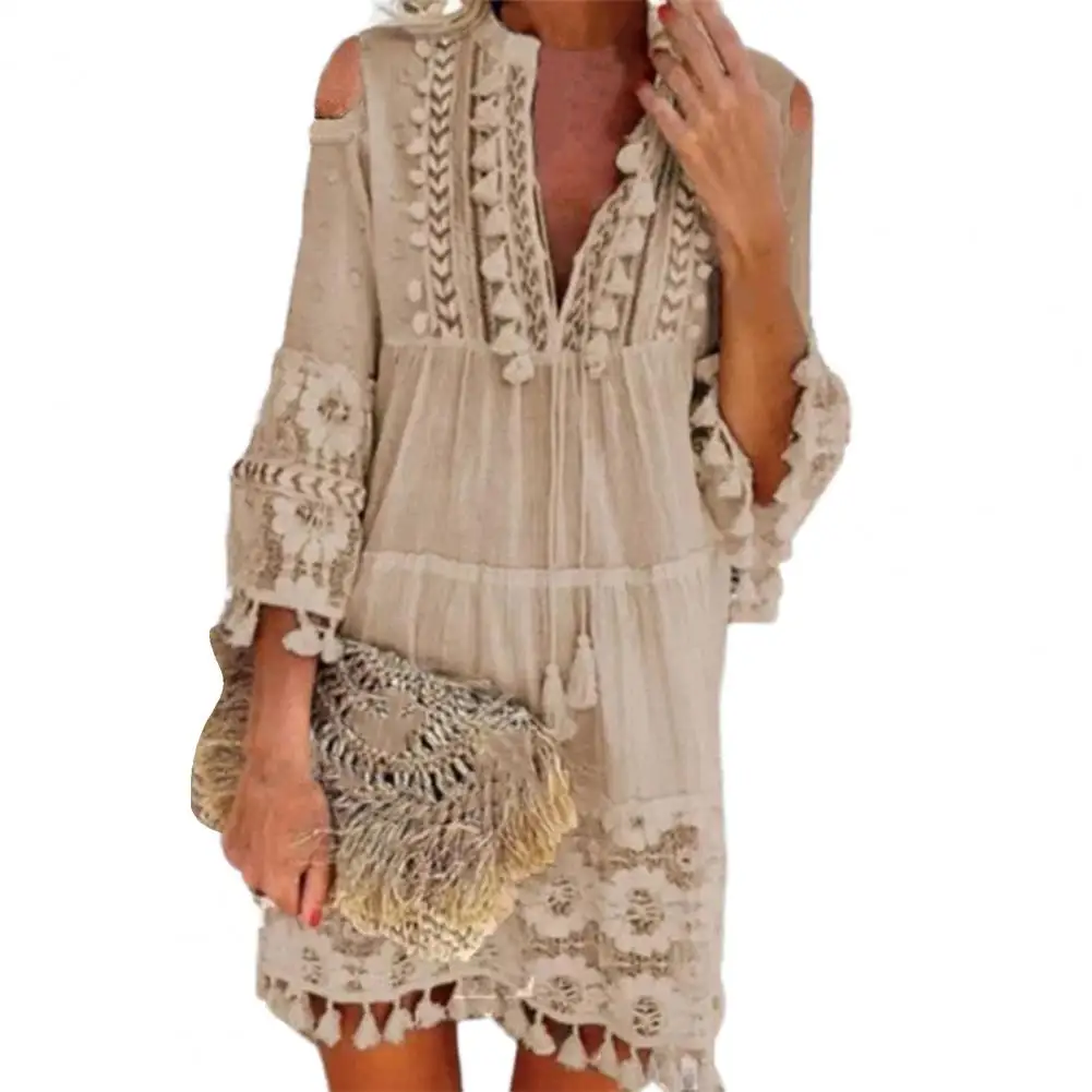 Sexy Women\'s Shift Dress Long Sleeve Tassel Fringe Lace Robe Strapless Deep V-Neck Female Summer Casual Boho Vacation Dresse Hot