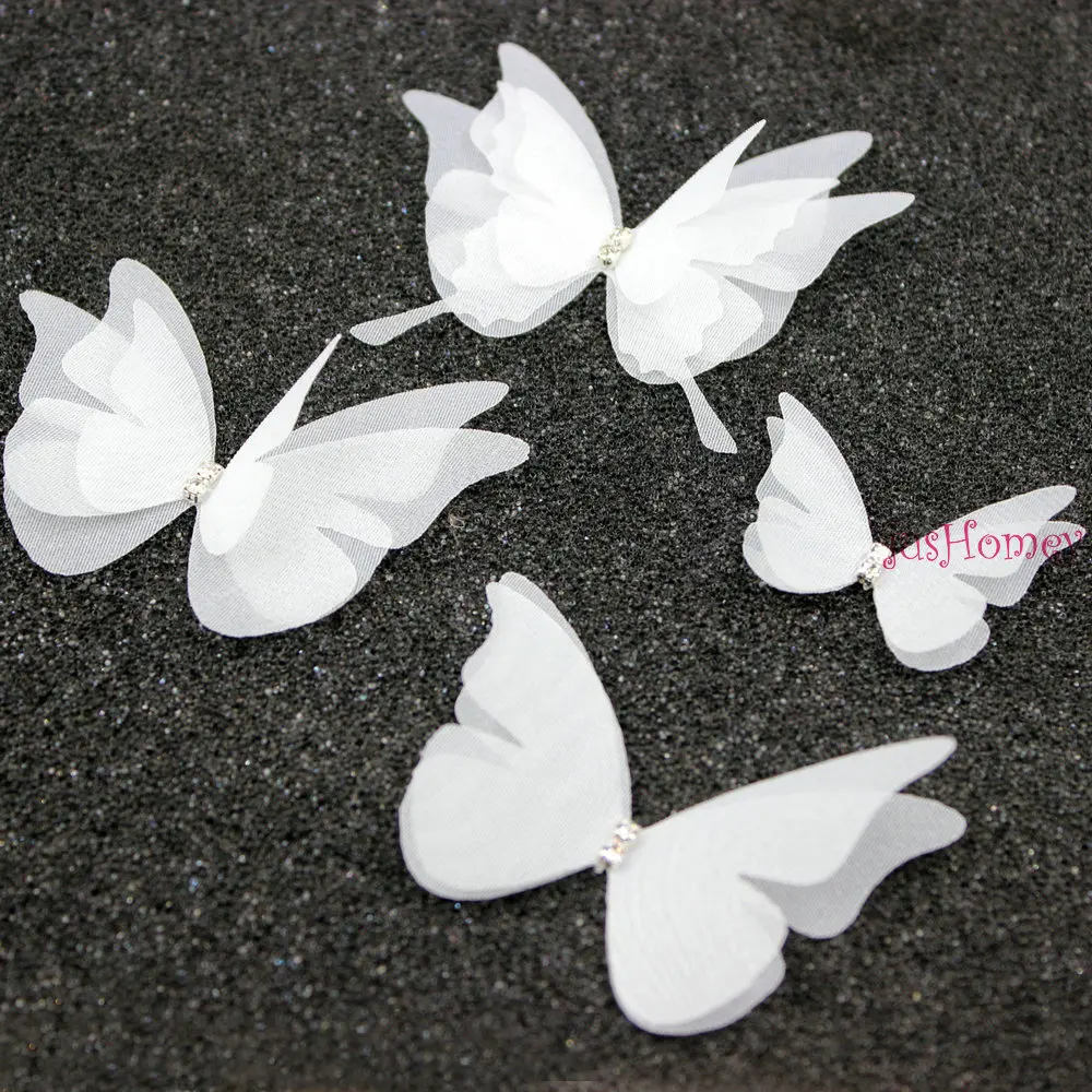 50PCS white Organza Butterfly Fabric Appliques Translucent Chiffon Butterflies with Rhinestone for Wedding Party Decor