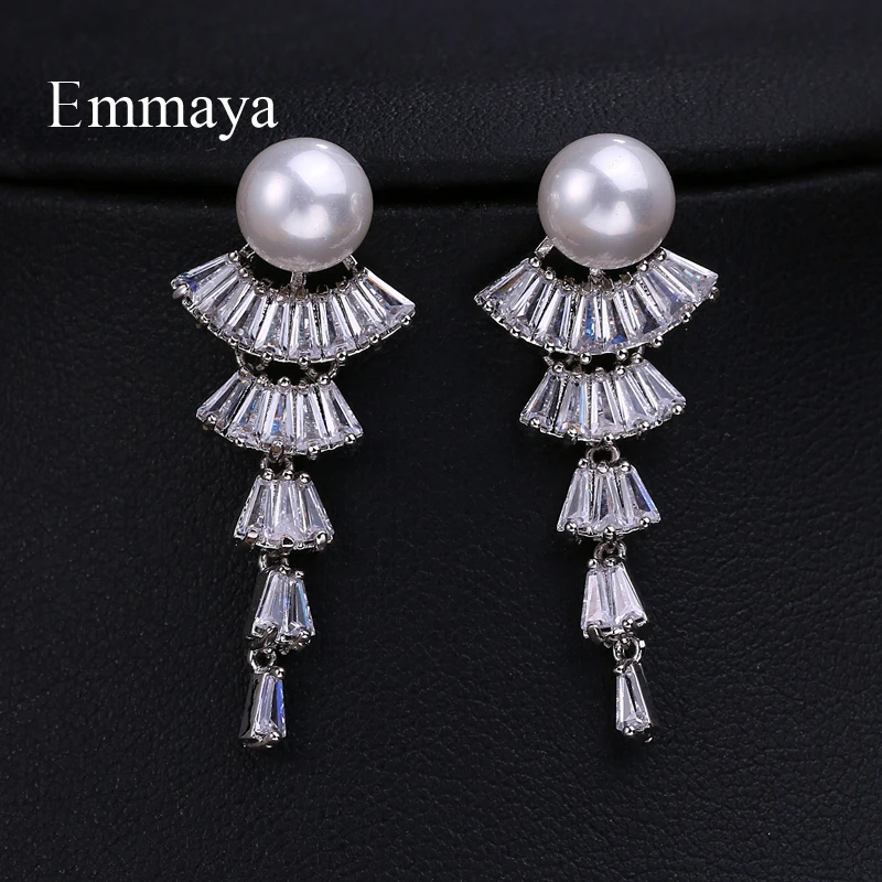 EMMAYA 2019 Luxury Zircon Long Earrings Fan Shape Gradual Change Crystal Cubic Zircon For Women Girls Fashion Jewelry Gift