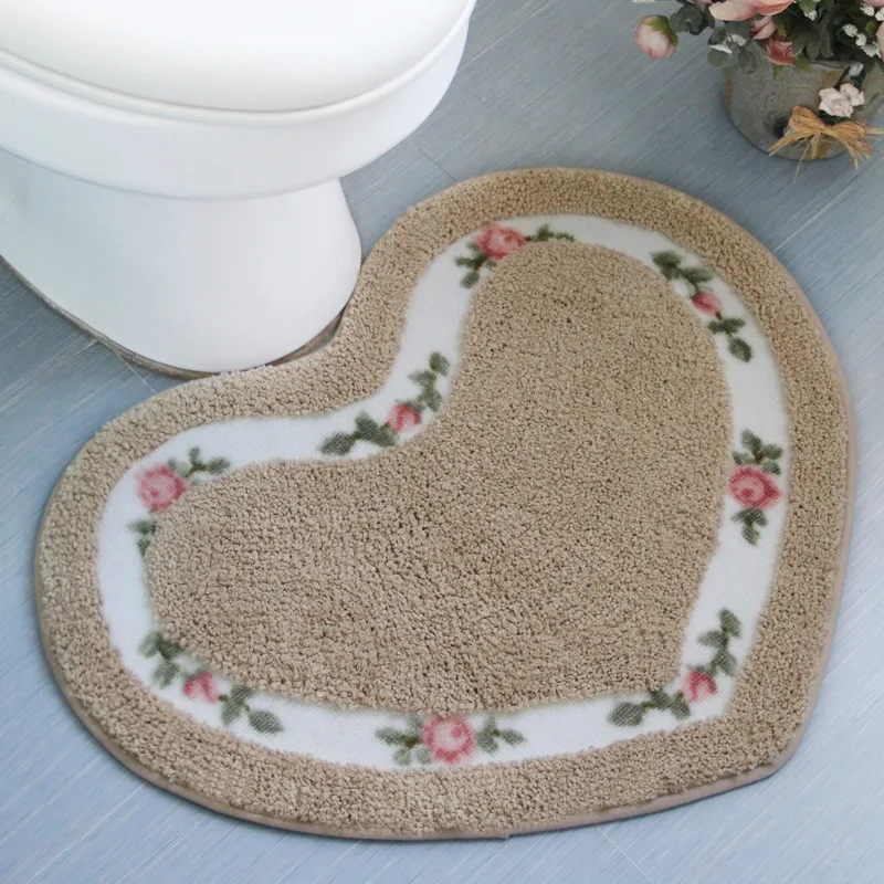 Heart Shape Nonslip Bath Mat Embroidered Toilet Rug Kit Water Absorption Door Mat for Bathroom Toilet Bedroom 2 Sizes Floor Mat