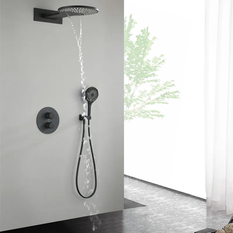 

Luxury Matte black Wall Mounted Waterfall Rainfall Brass Bathroom Shower faucet set 3 Functions Copper Shower Complete Set