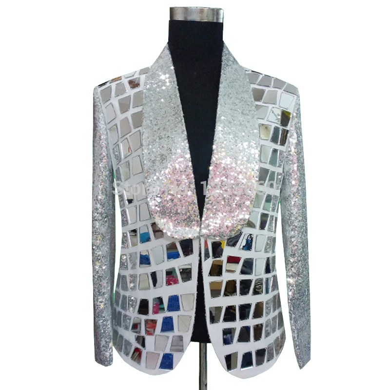 Male White Mirror Blazers Coat Outfit Silver Sequins prom party show singer jacket Performing Bar Rock Singer Stage Costumes