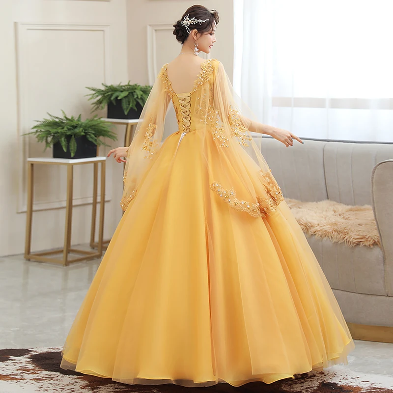 2021 Nieuwe Quinceanera Jurken Lange Mouw Elegante V-hals Party Dress Luxe Kant Baljurk Vintage Prom Dress Aanpassen Grootte