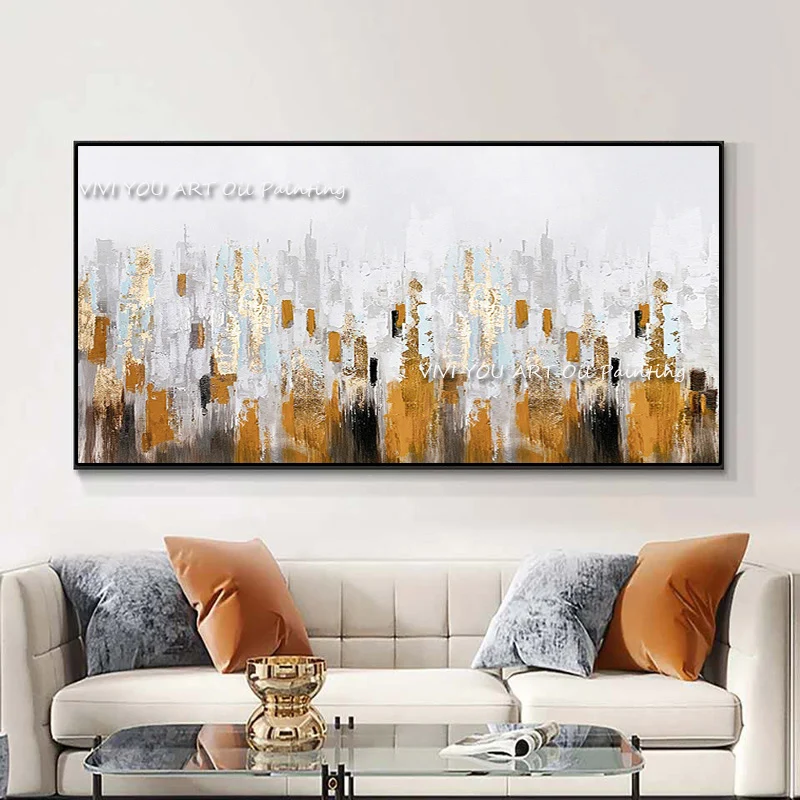 100% Hand‑Painted Modern Urban Metropolis Oil Painting, Thick Textured Gold Leaf Canvas Wall Art for Home Decor Unframed