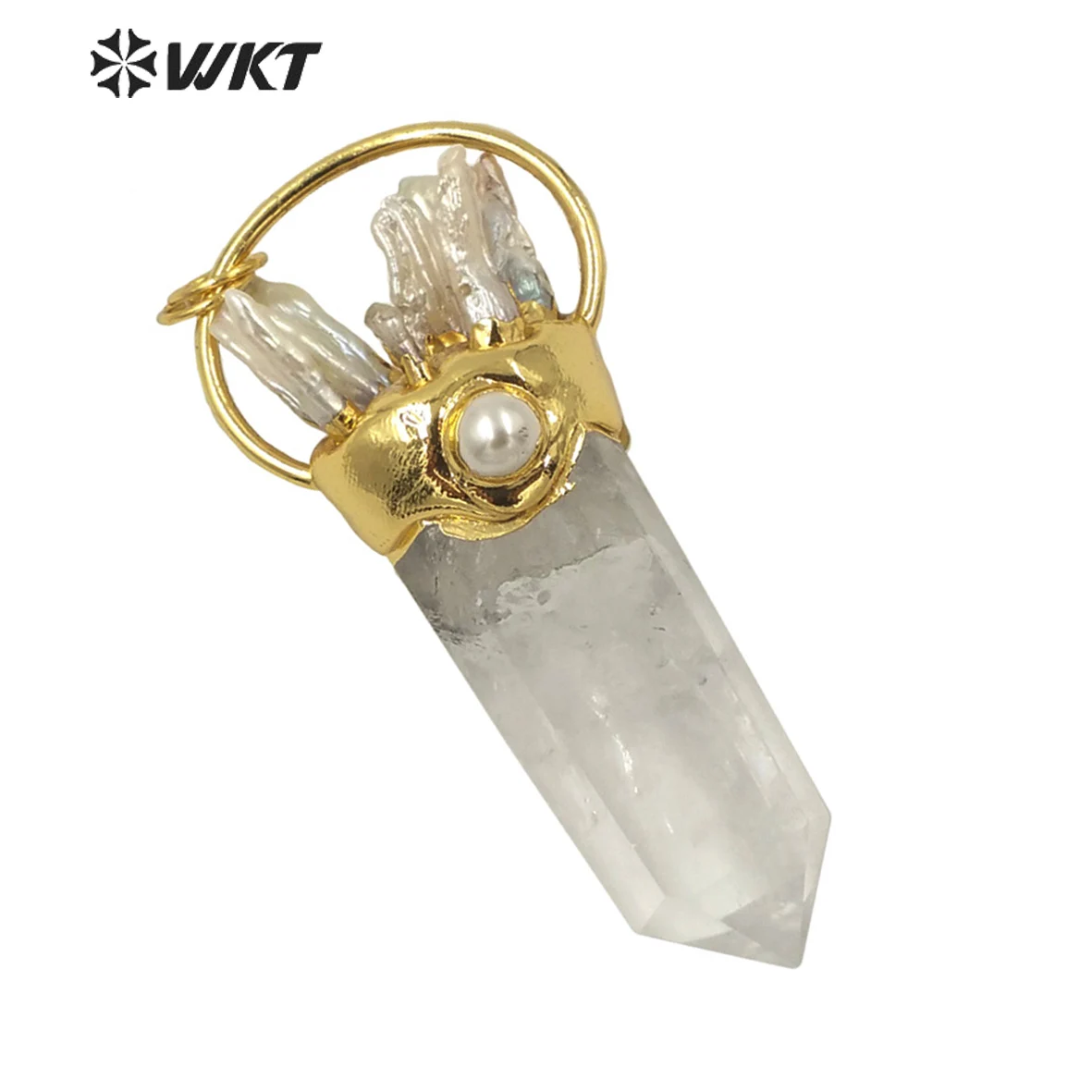 WT-P1625 Amazing Natural Real Gold Plated Spirit Quartz Pendant Women Big Chunky Crystal Pearl Point Stone Decorative