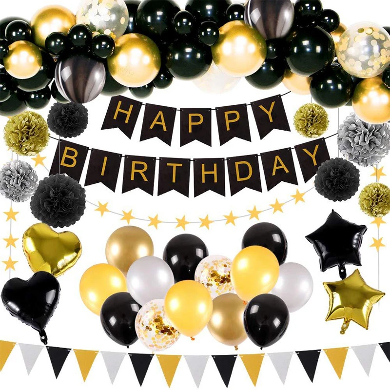 Schwarz Goldene Folie Ballons Geburtstag Party Dekorationen für Erwachsene Banner Tissue Papier PomPoms Jahrestag Geschenk Liefert