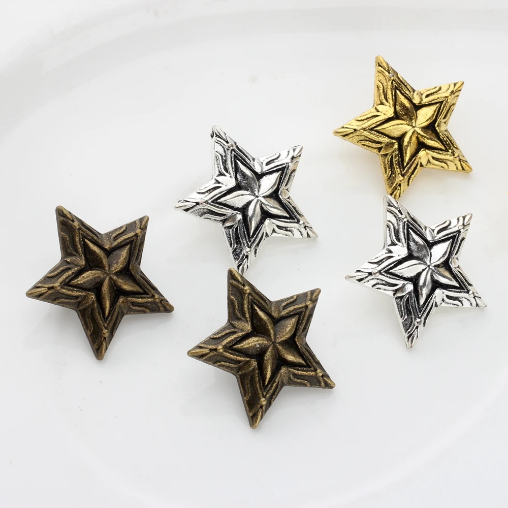 3pcs/lot 28MM Retro Alloy Vintage Bronze 3D Stars CONCHO Pentagram Decorative Buttons Charms For DIY Accessories