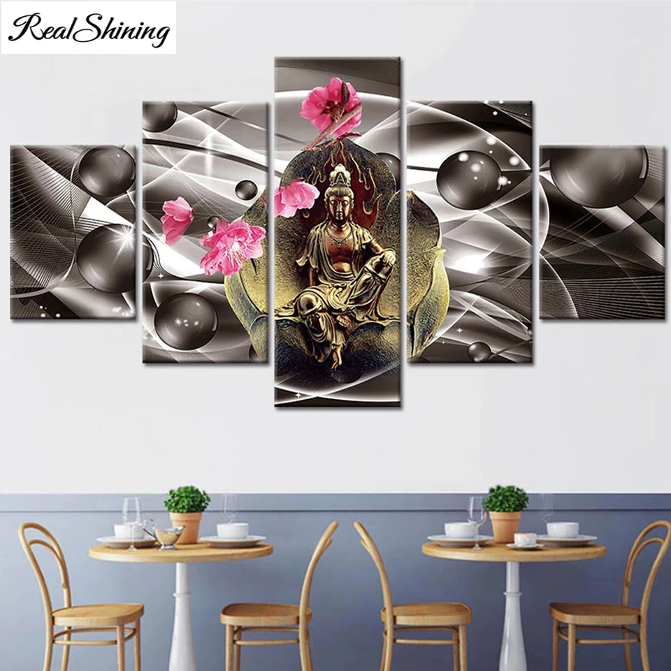 

5 Panel Flower Buddha Diamond painting mosaic Diamond Religion Picture Full Square round 5d lily diamond Embroidery T188