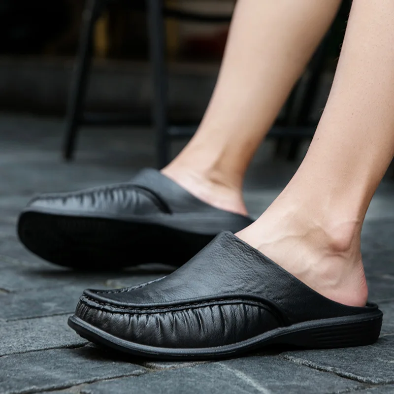 Mazefeng Fashion Men Loafers Pu Leather Slippers Weaving Loafer Slides Breathable Mules for Man Outdoor Lightweight Half Shoes