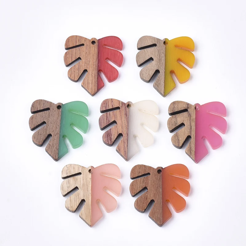 50Pcs Monstera Leaf Shape Charms Handcrafted Vintage Natural Wood with Resin Pendant Design for Bracelet Earrings Jewelry Making