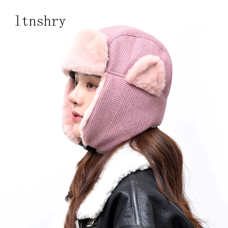 New Brand Winter Hats Women Thick Knit Warm Beanies Hat Bib Female Windproof Cycling Wool Stitching knitting Hedging Caps