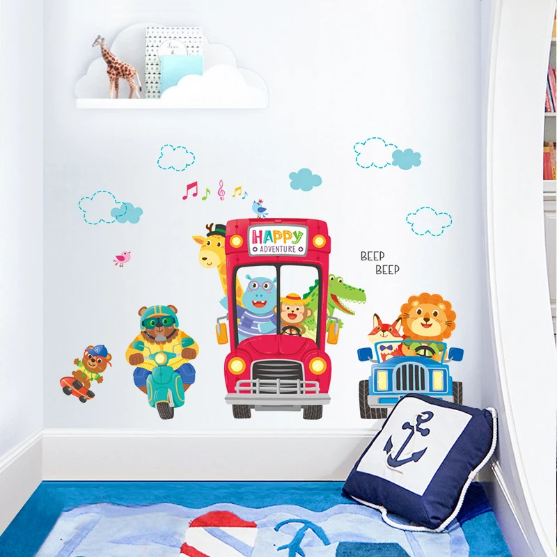 Cartoon Cute Bus Animals Wall Stickers For Kids Rooms Boy Child Bedroom Wall Decoration Self Adhesive Vinyl Sticker Wallpapers