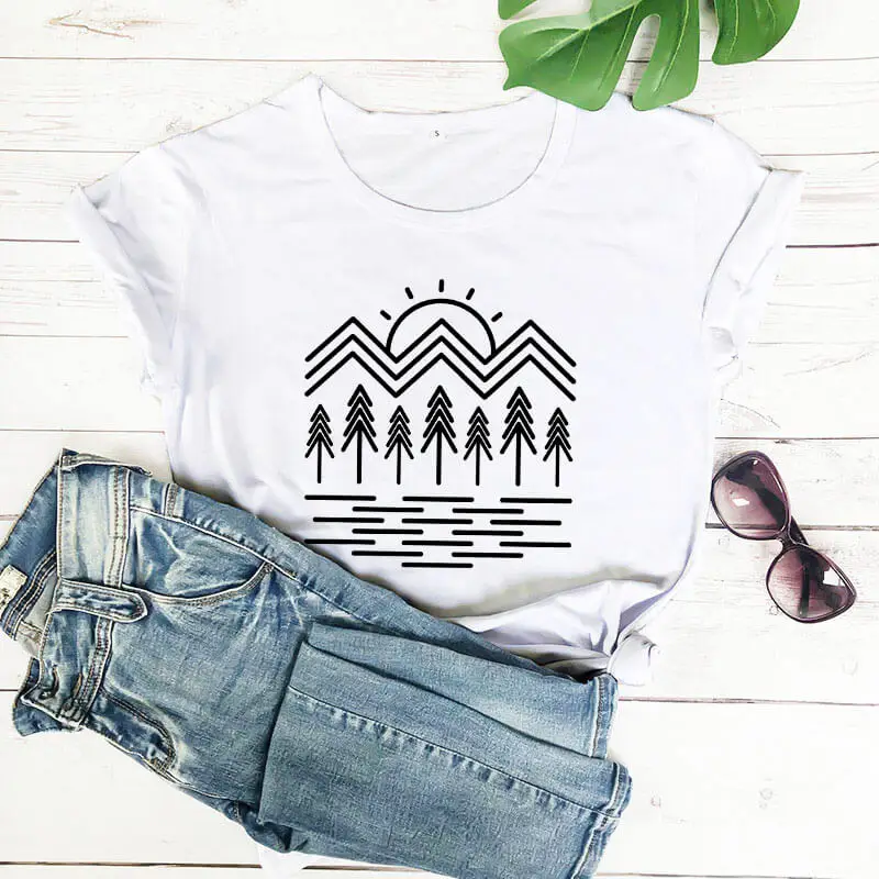 

Mountain Line Drawing Graphic Printed Funny 100%Cotton T-shirt hiking Shirts Minimalist Mountain Shirts Nature Tee