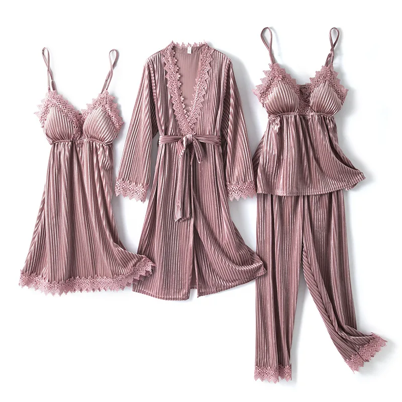 Autumn Winter Women Sleepwear Set Bathrobe Nightwear Striped Velour Pajamas Sexy Sleep Set Pijamas Suit Long Sleeve Homewear