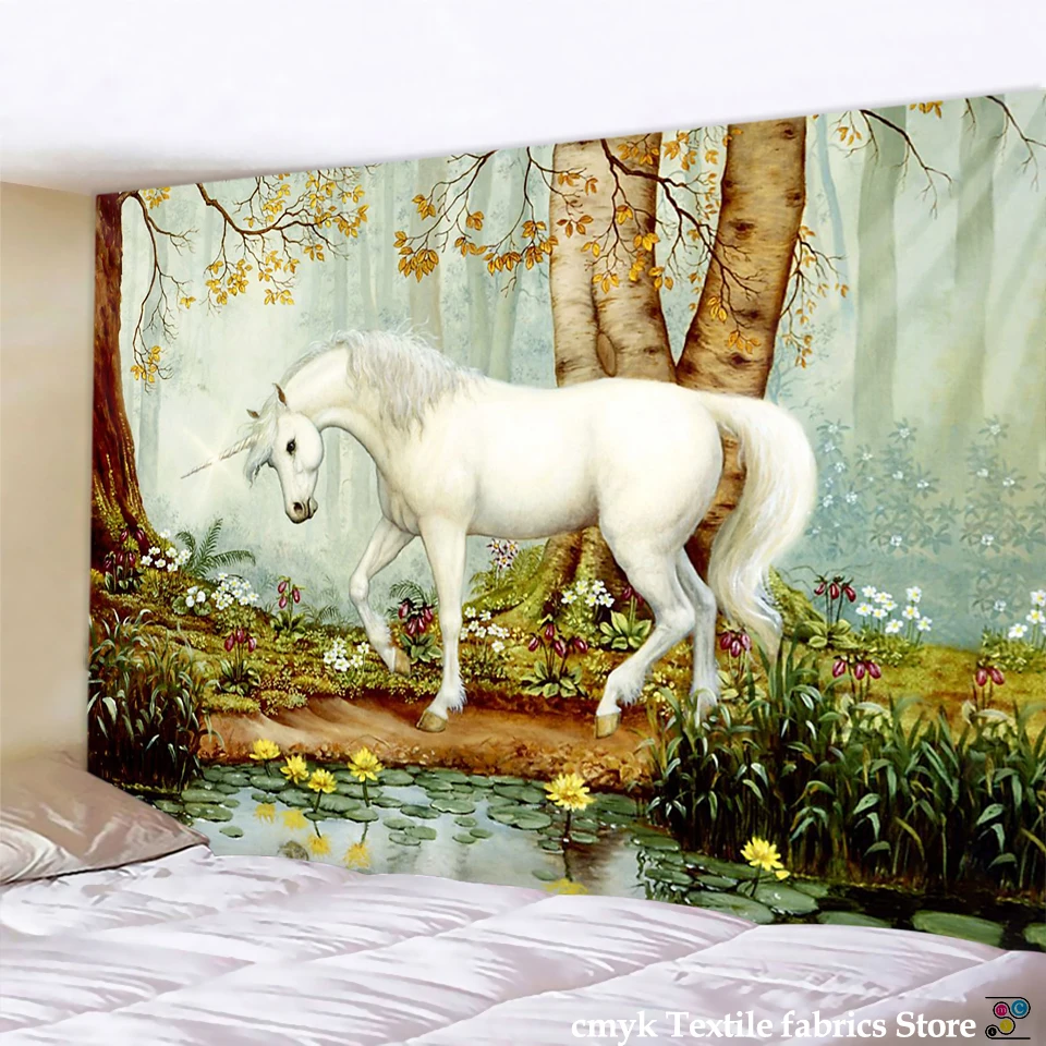 Sacred Unicorn Decoration Tapestry Wall Hanging Background Cloth Christmas Psychedelic Wall Carpet Camping Tent Travel Mattres