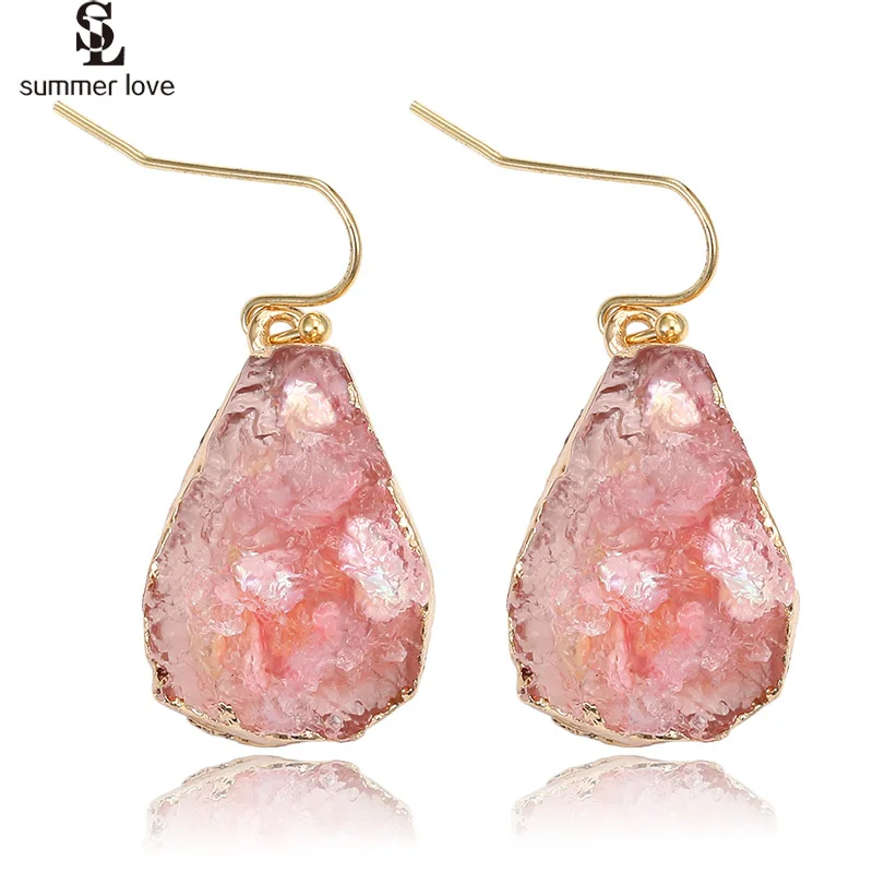 Orecchini pendenti con goccia d\'acqua Drusy colorati 2024 orecchini Druzy in pietra di quarzo rosa dorato di moda per gioielli da festa da donna