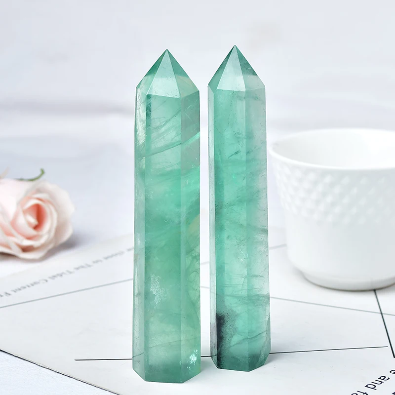 110-130mm Natural Crystal Point Green Fluorite Healing Stone Obelisk Quartz Wand Ornament for Home Decor Energy Stone Tower