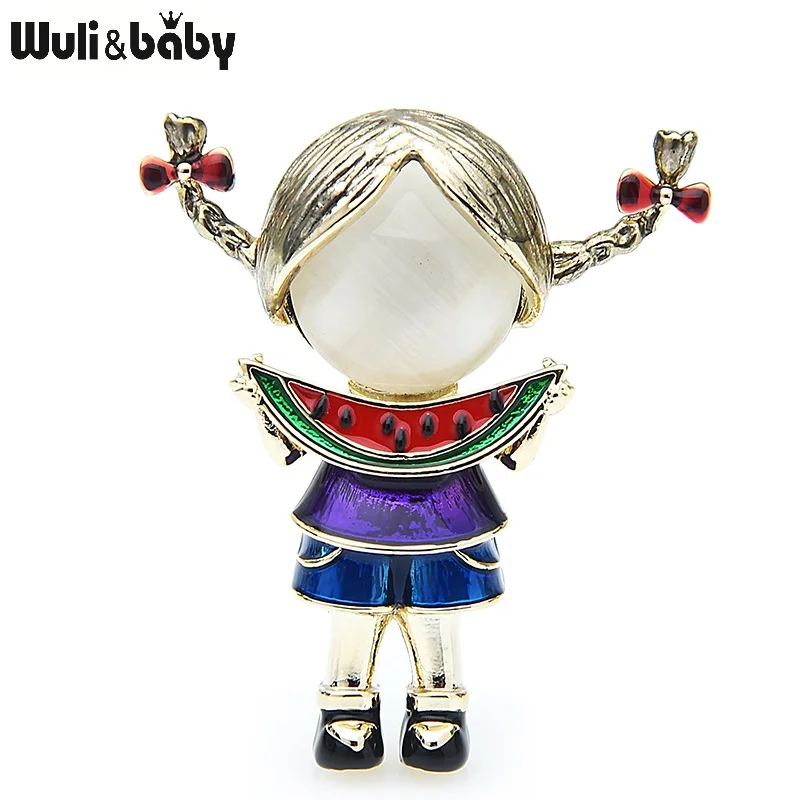 Wuli&baby New Opal Eatting Watermelon Girl Brooches Women Cute Enamel Girl Figure Office Casual Brooch Pins Gifts