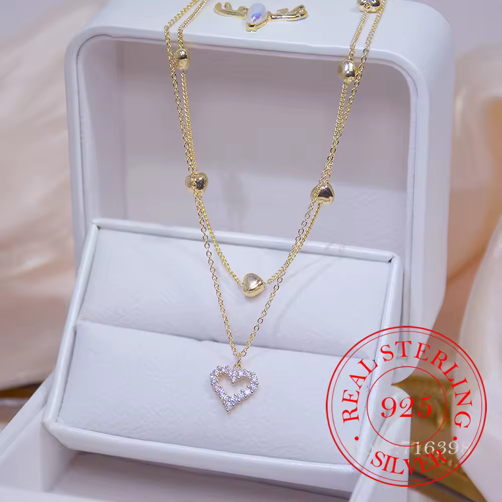 14k Real Gold Double layer Heart Necklace Shining Bling AAA Zircon Women Clavicle Chain Elegant Charm Wedding Pendant Jewelry