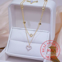 14k Real Gold Double layer Heart Necklace Shining Bling AAA Zircon Women Clavicle Chain Elegant Charm Wedding Pendant Jewelry