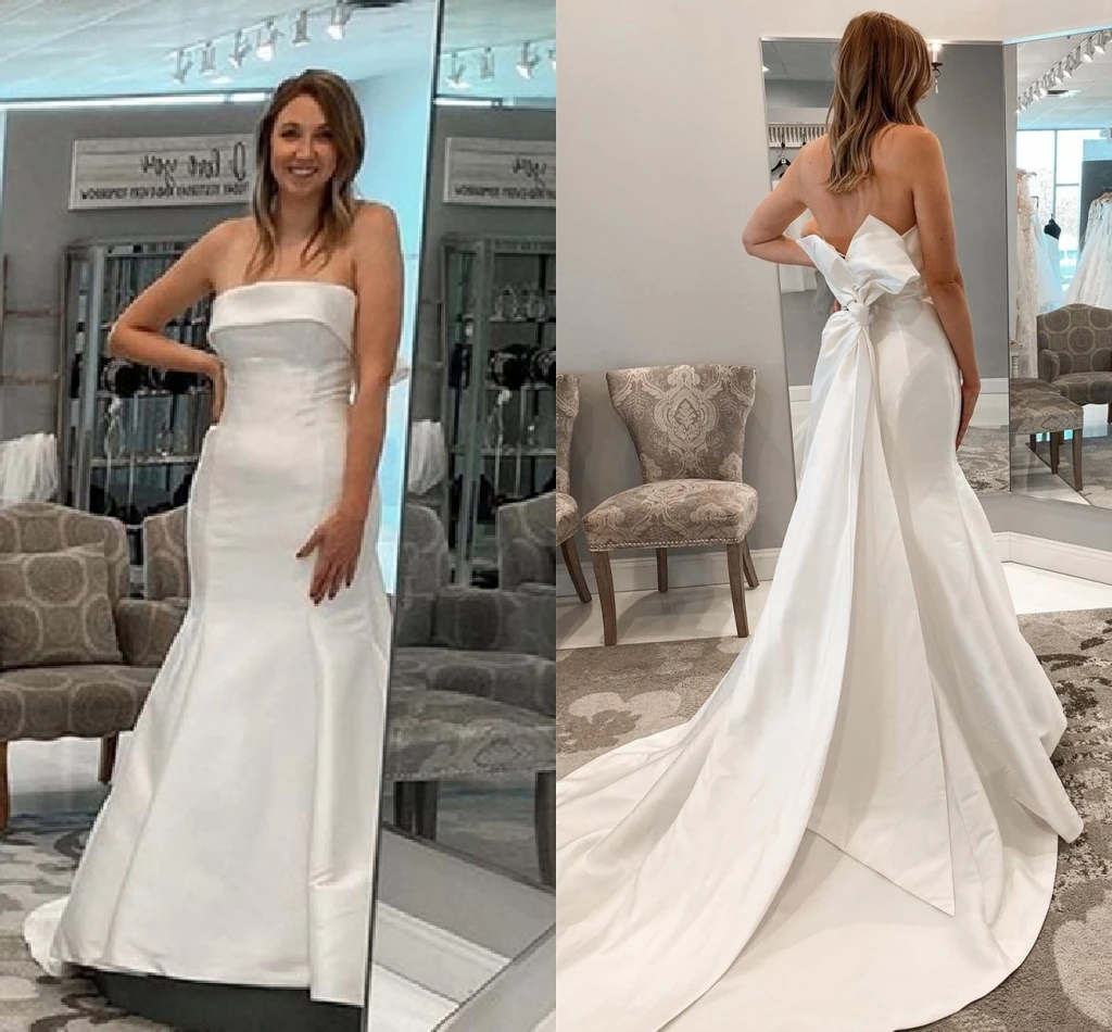 Lsyx Eenvoudige Satijnen Trouwjurk Met Strik Sweep Trein Zeemeermin Elegant Op Maat Gemaakt Voor Bruiden Robe De Mariee Backless Uniek