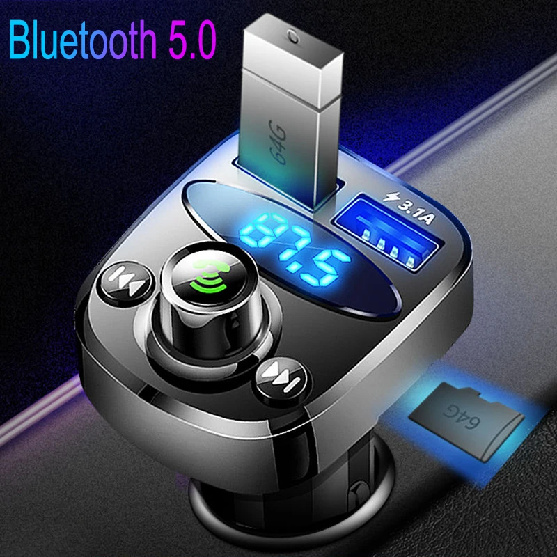 JINSERTA Bluetooth 5.0 FM Transmitter Modulator Radio Adapter Car Handsfree Call Dual USB Ports 3.1A Charger Mp3 Player