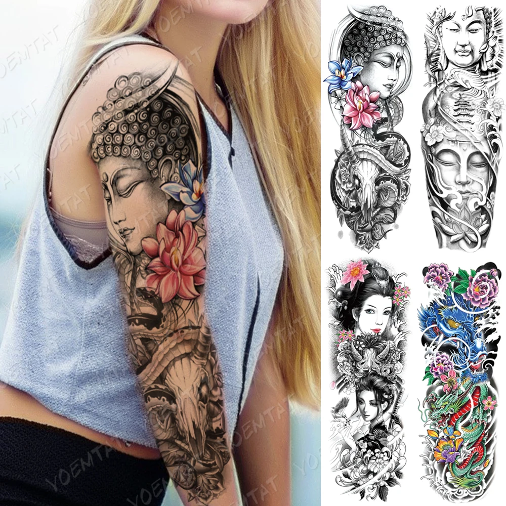 Large Arm Sleeve Tattoo Dragon Buddha Waterproof Temporary Tatto Sticker Geisha Goat Waist Leg Body Art Full Fake Tatoo Women