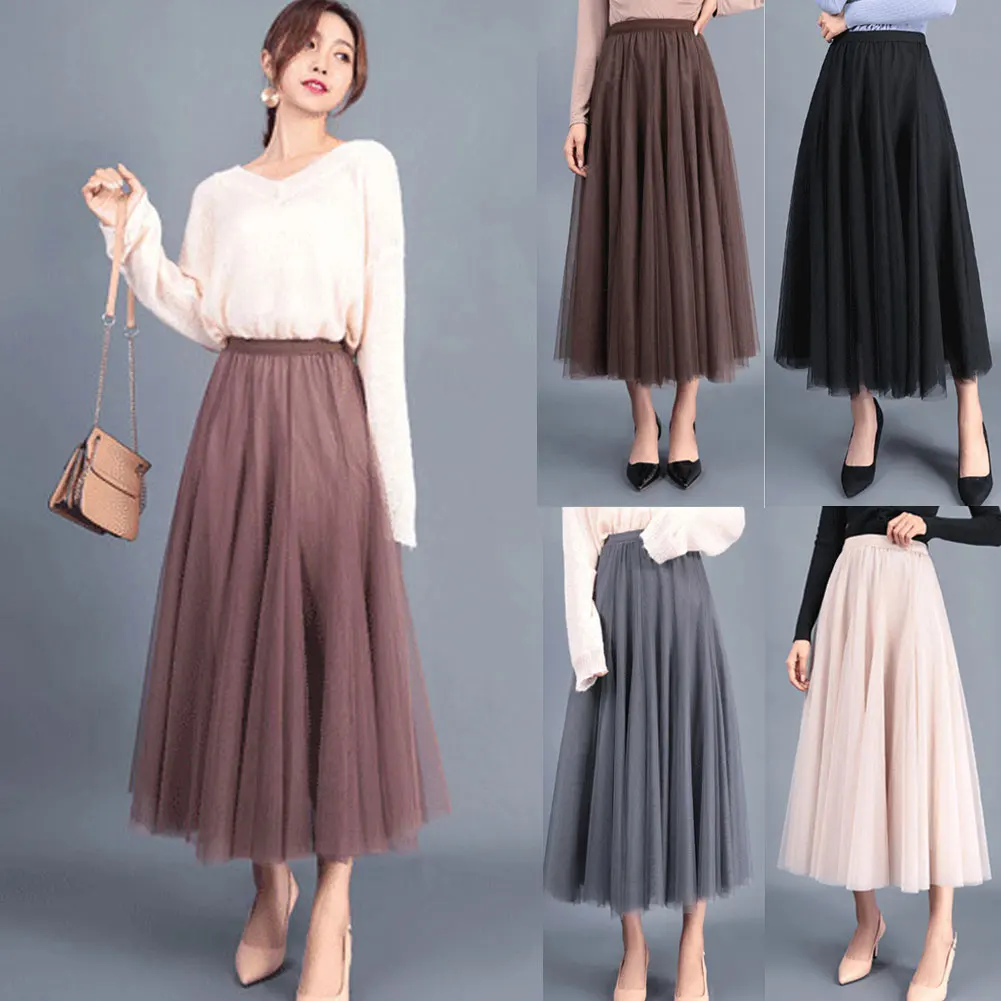 

New Hot Women High Waist Lace Mesh Tulle Floral Long Skirt Lady Princess Style Skirts Ladies Layered Maxi Summer Clothes