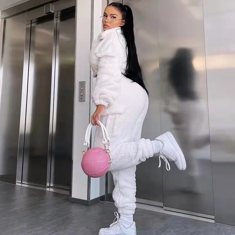 Fashion Sweat Suits 2 Piece Sets Women Outfits Casual Sportwear Sweatshirt+Sweatpants White Plush Warm Lapel Zipper Cardigan