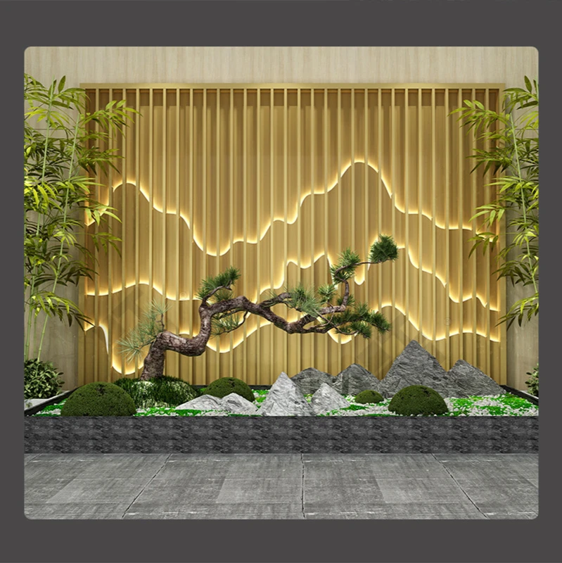 Stainless steel background wall rockery screen landscape painting partition titanium light luxury living room decoration