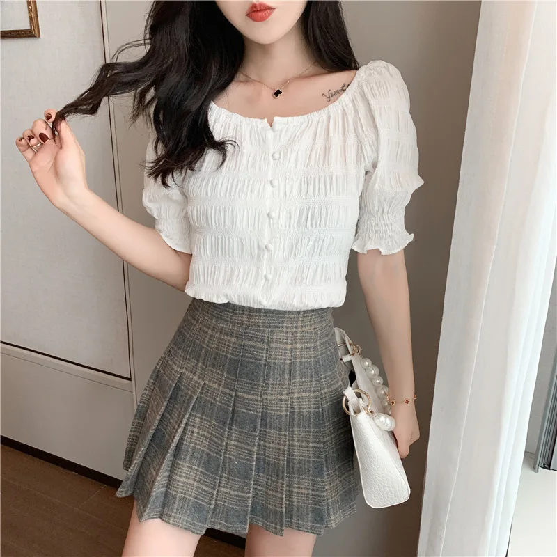 Tops For Women Fashion Printed Stitching Crew Neck Short Sleeve Chiffon Shirt Loose Top White Yellow Crop Top Women Blouses