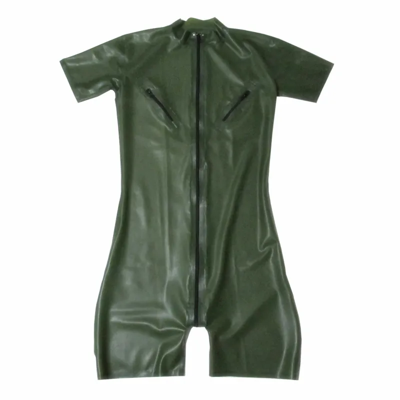 Latex Men Catcuit With Nipple Zips Army Green Natural Rubber Short Legs Clothes Front Zipper Custom Made Jumpsuit S-LCM132