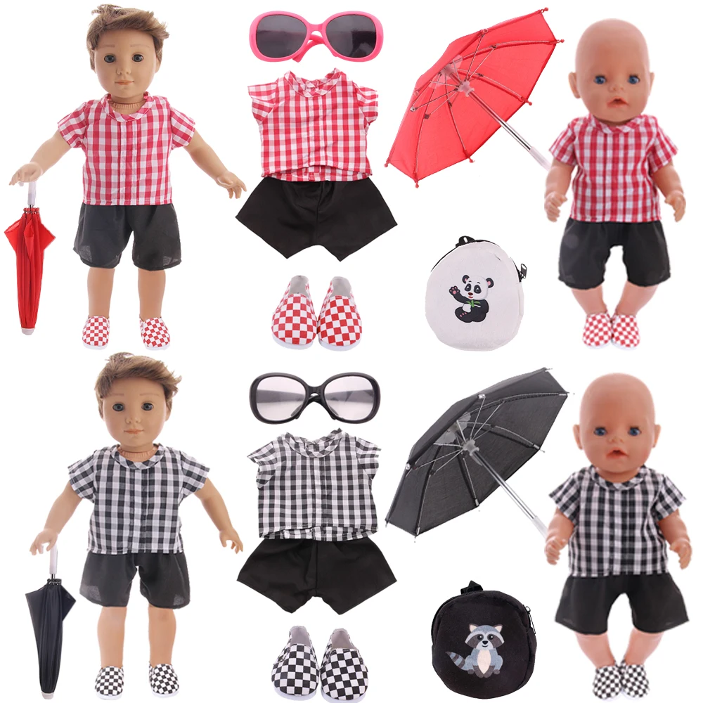 Doll Clothes Checkered Rainy Set Canva Sneakers Cute Backpack Fit 18Inch American Bourne&43Cm Born Baby Travel Set Toys For Kids