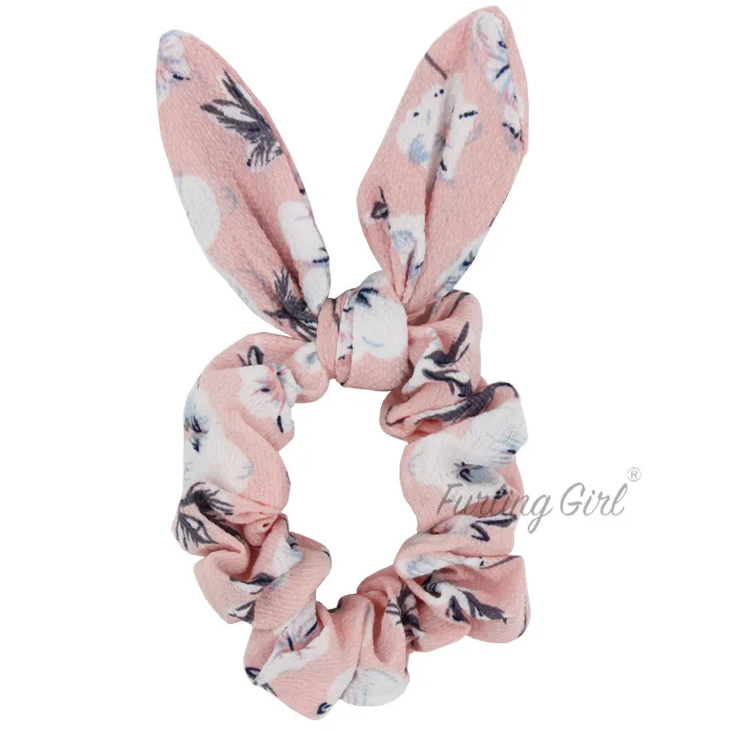 Furling Girl 1 PC Floral Chiffon Fabric Bunny Ears Elastic Hair Bands Peach Flower Design Rabbit Ears Hair Bow Hair Accessories