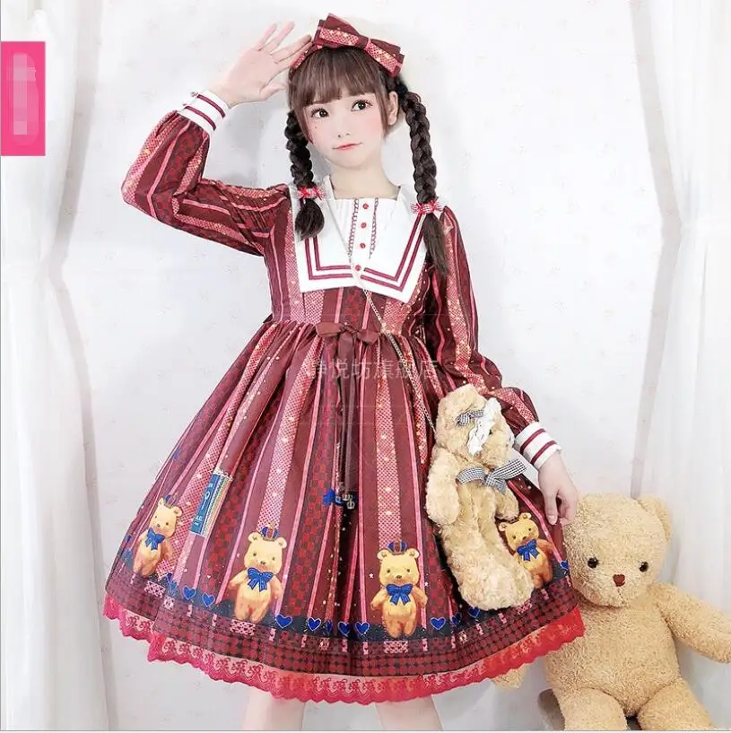 Lolita-vestido de corte Vintage con estampado de oso para niña, Vestido de manga larga con lazo, estilo Lolita, Kawa, Elorita