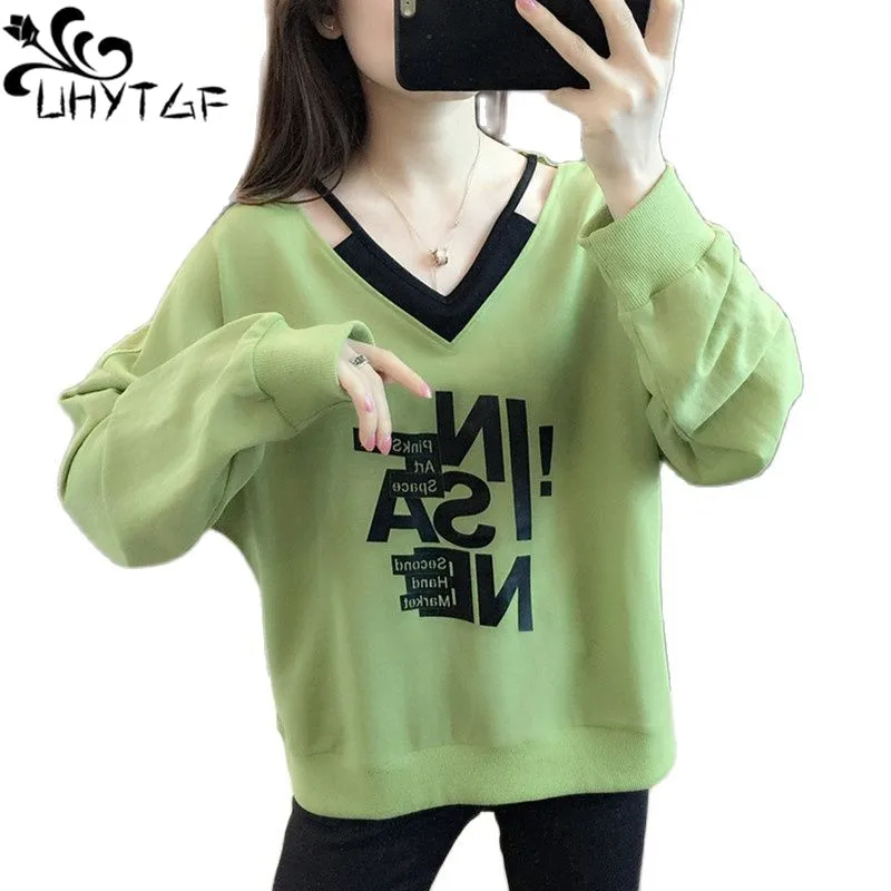 UHYTGF Fake Two-Piece Spring Autumn Sweatshirt Women Long Sleeve V-Neck Pullover Oversized Hoodie Female Cute Girl Thin Top 1757