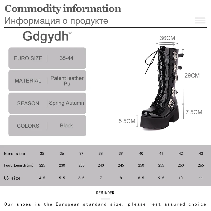 Gdgydh Bat Decoration Gothic Boots Women Patent Leather Mid Calf Boots For Women Belt Buckle Combat Motorcycle Boots Darkness