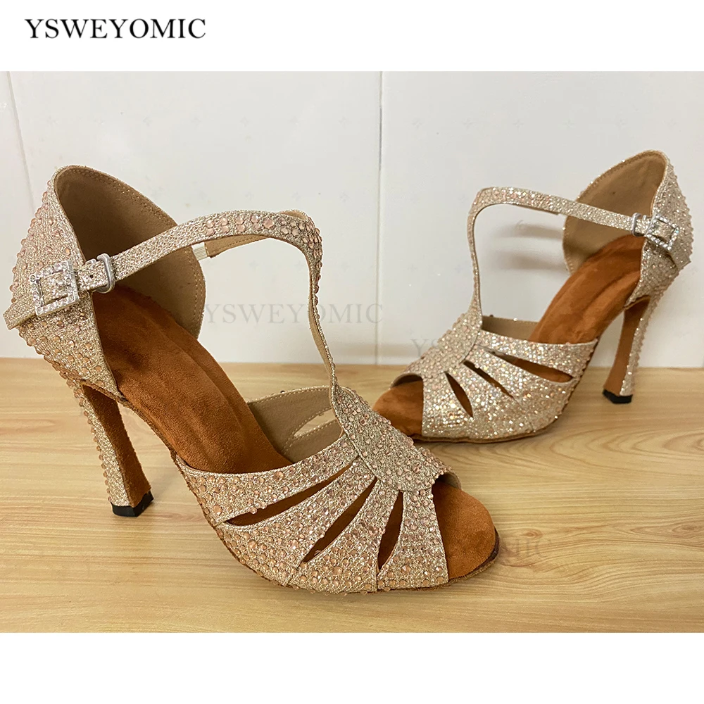 High Heel Dance Shoes Champagne Rhinestones Colors 2021 New Styles Soft Insole Social Dance Latin Salsa Dance Shoes Women