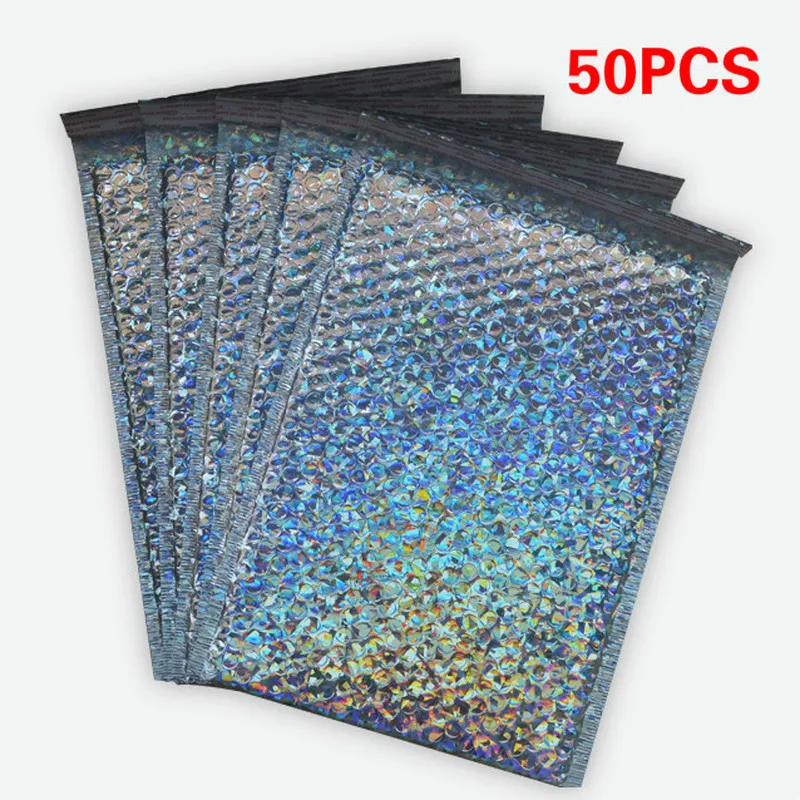 Bolsas de sobres de correo de plata láser, sobres de burbujas acolchados impermeables, paquete de Navidad, 50 Uds.