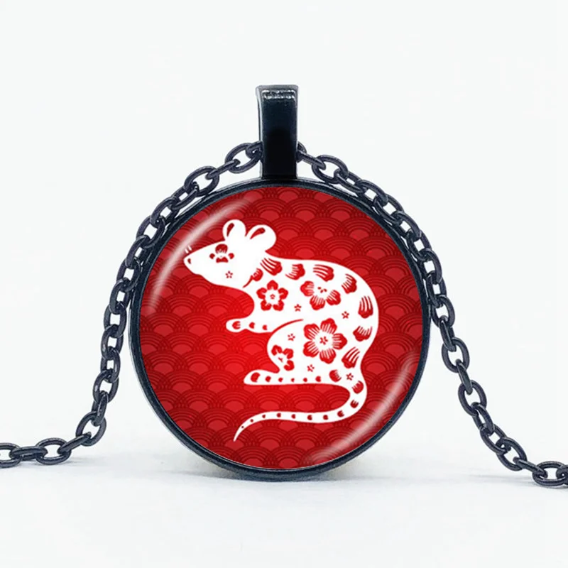 Zodiac Sign Badge Rat Year Necklace High-end Jewelry Convex Glass Pendant Necklace Jewelry Gift