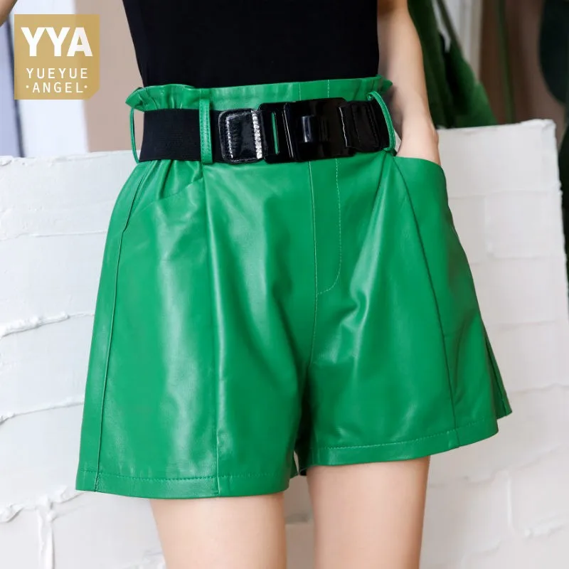 New Women Wide Leg Shorts Fashion Multicolor Casual Sashes High Waist Loose Genuine Leather Shorts Female Bikers Mini Trousers