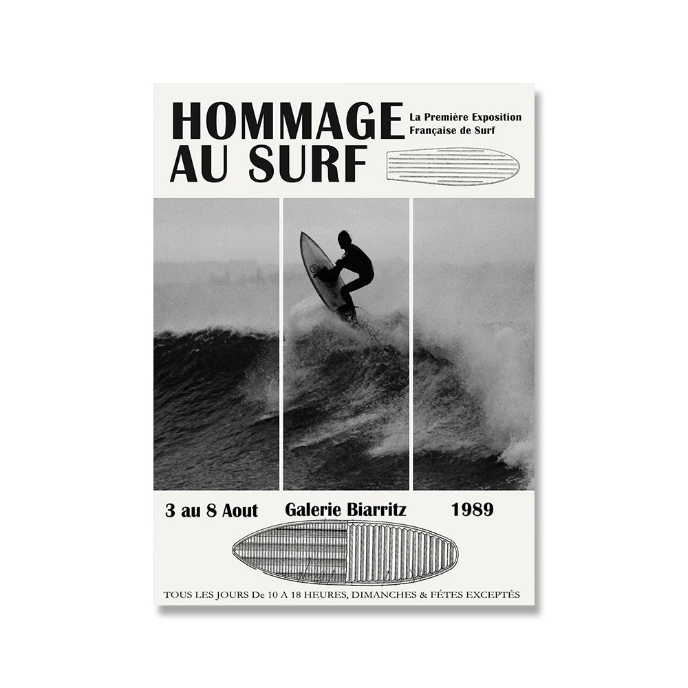 Surfing Exhibition Poster Biarritz Wall Art Black White Surf Prints Beach Modern Canvas Painting Coastal Decor for Living Room