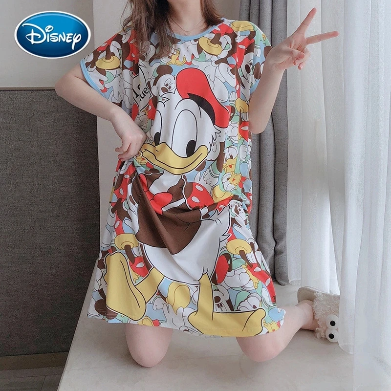 Disney-Robe de nuit imprimée Minnie Mouse Cartoon pour femme, chemise de nuit à manches courtes, belle chemise de nuit, nouveau