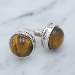 Natural Stone Round Stud Earrings Female Pink Quartzs Tiger Eye Crystal Silver Color Simple Ear Jewelry for Women Earring Gift