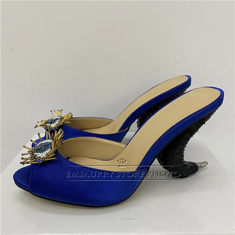 Beaded Rhinestone Flower Sandals Women Sexy Horn-Shaped Strange Heel Luxury Satin Slingbacks Mules Summer