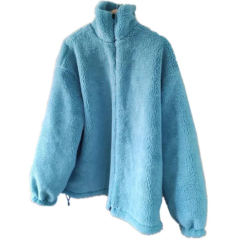 Faux Lamb Fur Jacket Women High Quality Fashion Blue Teddy Coat Winter Thick Warm Faux Fur Coat Female Casual Loose Plush Coats