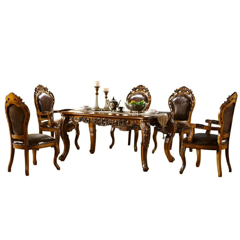 Oak dining table, European style marble dining table and chair combination, retro rectangular dining room furniture